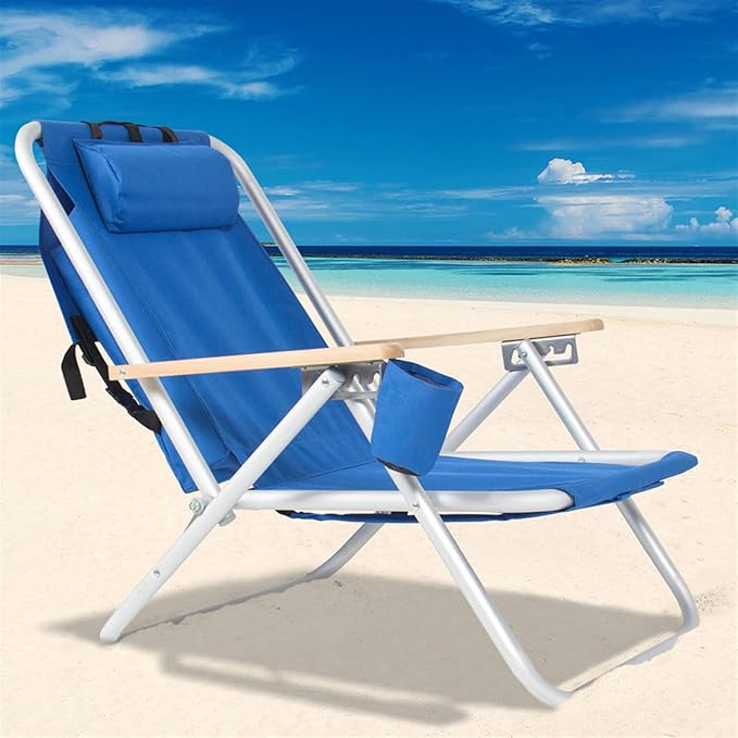 Backpack Beach Chair for Adults Portable Camping Chair with Backpack Straps Pillow and Cup Holder Outdoor Lightweight Folding Lawn Camping Chairs for Garden Patio Park PoolsideTravel Blue