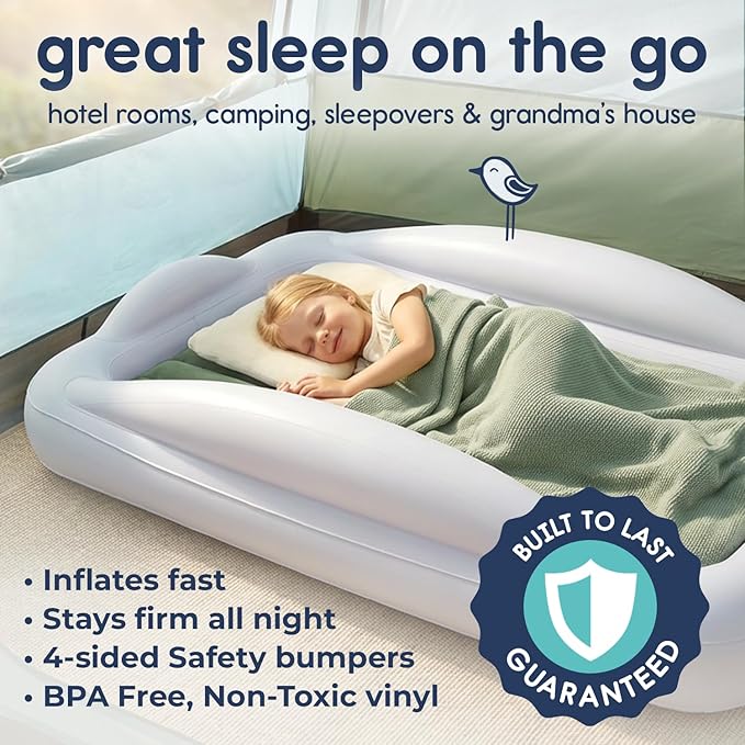 Hiccapop Inflatable Toddler Travel Bed with Safety Bumpers [4-Sided] Portable Toddler Bed for Kids Toddler Air Mattress Kids Air Mattress - Sage Green