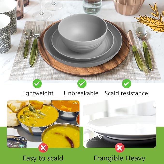 Teivio 32-Piece Kitchen Plastic Wheat Straw Dinnerware Set Service for 8 Dinner Plates Dessert Plate Cereal Bowls Cups Unbreakable Colorful Plastic Outdoor Camping Dishes Light Gray