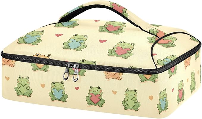 Casserole Carrier Green Frogs Holding Colorful HeartsInsulated Casserole Carrier for Hot or Cold Food Thermal Lunch Tote for Potluck Parties Picnic Beach Fits 9 x 13 Inches Baking Dish