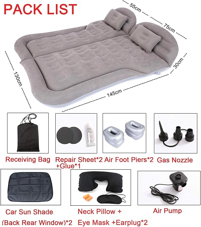 Inflatable SUV Air Mattress Thickened Flocking Inflatable Car Camping Travel Air Mattress with 2 Pillows &amp Air PumpPortable Car Sleeping Bed for SUV|MPV|Minivan