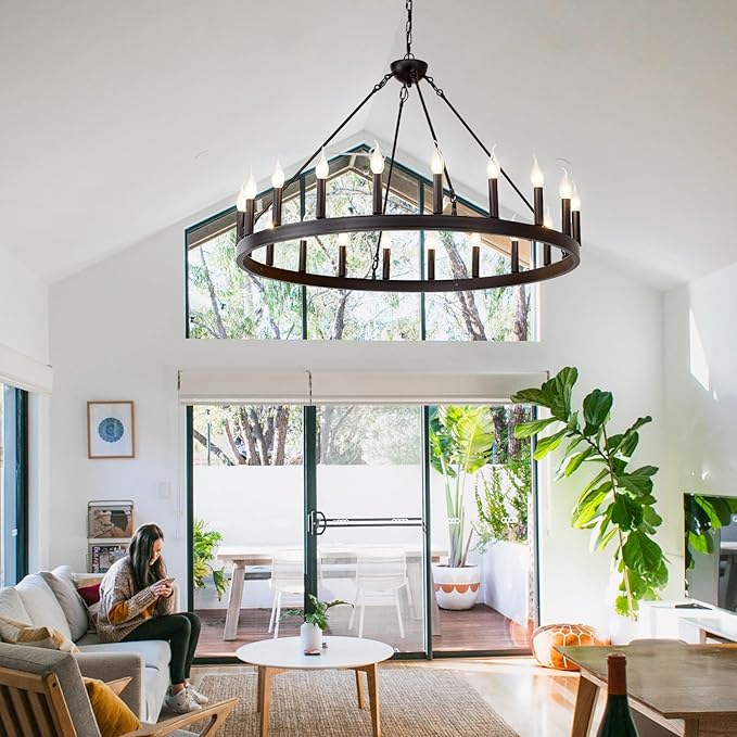 Black Wagon Wheel Chandelier 40 inch20-Light Farmhouse Wagon Wheel Chandeliers Round Industrial Ceiling Light fixtures for Porch high Ceilings Living Dining Room Foyer Entryway