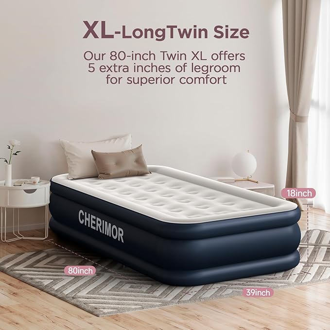 Twin XL Air Mattress with Built-in Pump 18 Raised Comfort 80“ Length 48Hr Leak-Proof Test Upgraded Honeycomb Pillar Design Supports 500 lbs 2-Min Inflation for Home Guests &amp Camping
