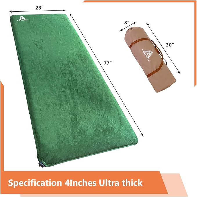 C·WILDYFIELD 4 INCH Thick Self Inflating Sleeping Pad with 9 R Value Foam Camping Mattress Ultra Thick Comfort Camping Mattress Inflatable Foam Camping Pad Portable Comfortable Sleeping Pad
