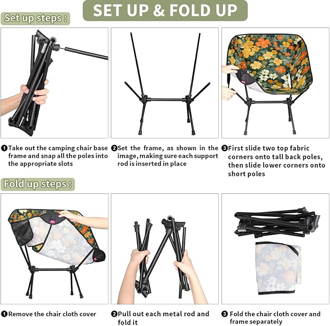 Flowers Green Portable Camping Chair Folding Chairs for Outside Lightweight Backpacking Chair Outdoor Collapsible Beach Chairs for Adults Fishing Lawn Picnic Travel Hiking