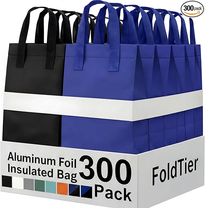 300 Pack Insulated Bags Bulk for Food Delivery 9.5 x 9.5 x 6 Thermal Take Away Bag for Hot Cold Food Coffee Milk Pizza Seafood Disposable Grocery Bag for Catering Restaurant(BlueBlack)