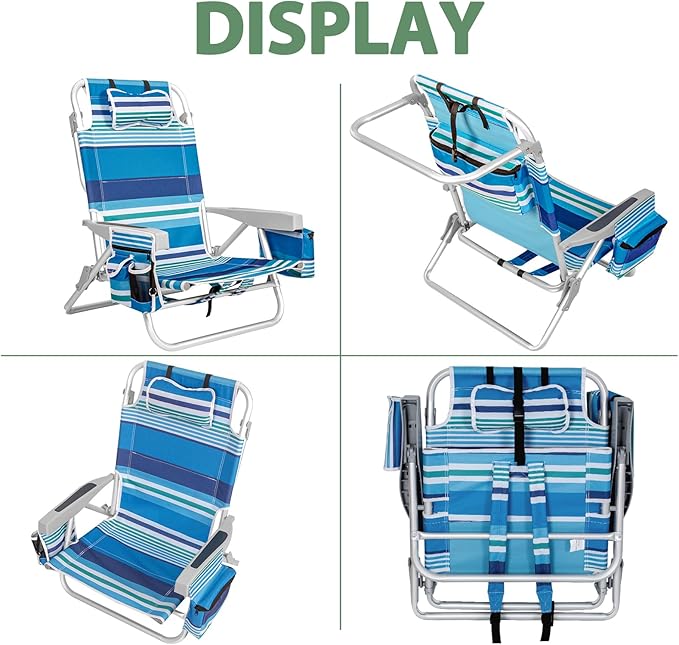 2Pk Aluminum 5-Position Lay Flat Folding Backpack Beach Chairs for Adults with Cooler Bag Cup&ampPhone Holder Towel Bar for Outdoor Lawn Picnic Sport Portable Foldable Camping Chairs Blue Stripe