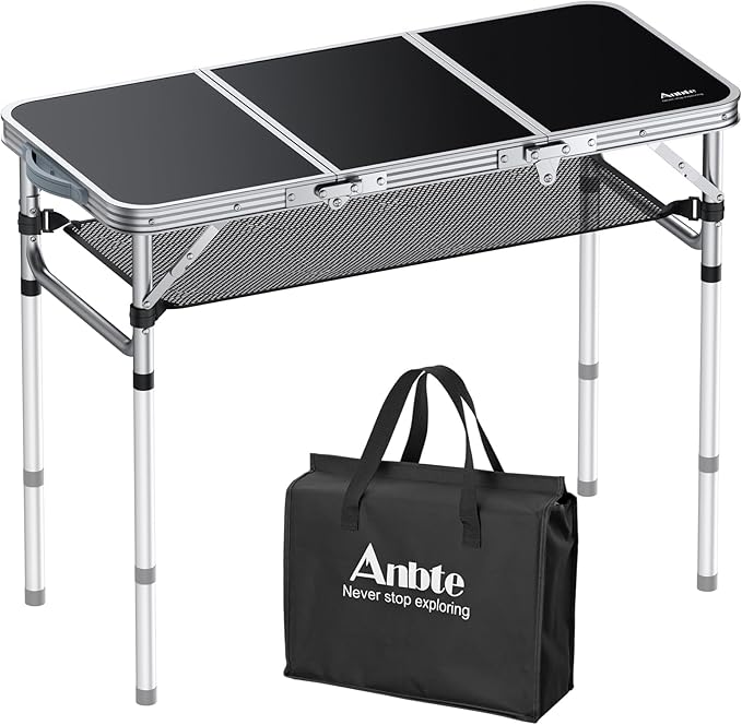 Anbte Folding Camping Table with Storage Net 3ft Camping Table Aluminum Folding Table with 3 Adjustable Height Max 27.1 Inch Picnic Table Portable Table for Outdoor Backyard BBQ Black