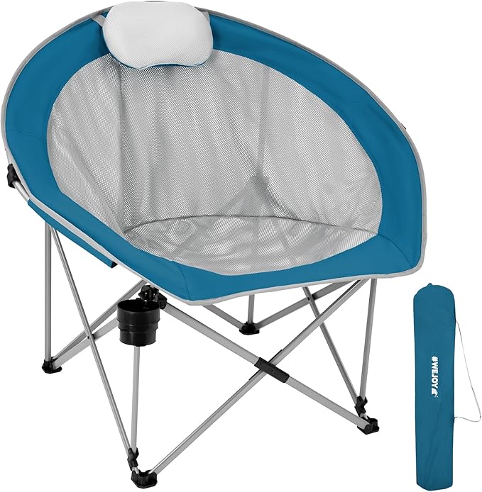 #WEJOY Folding Camping Chair Oversized Moon Chairs for Adult Support Up to 300lbs Mesh Saucer Chairs with Headrest and Cup Holder for CampingLawnHikingPicnicSports(Cyan/Grey)
