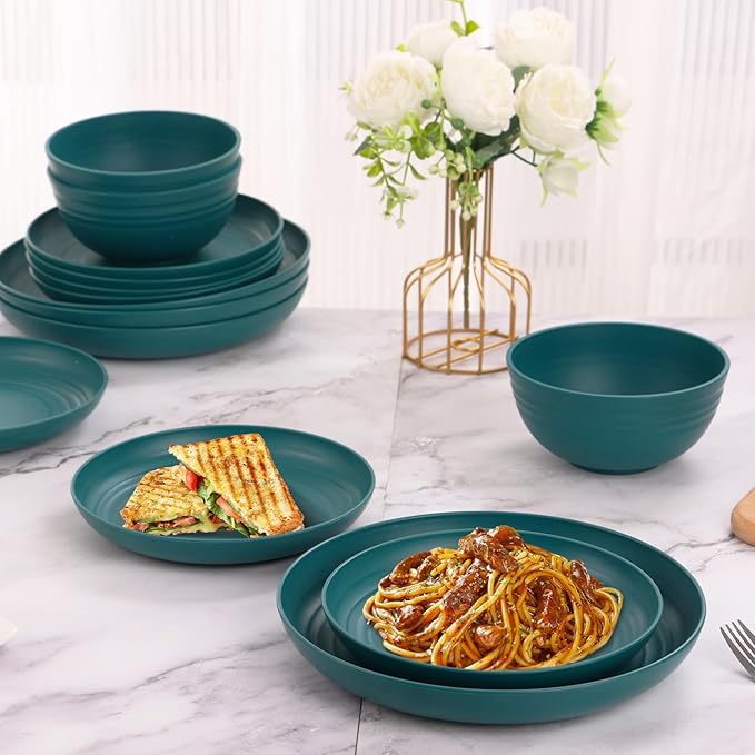 Green Unbreakable Plates and Bowls Sets Microwave and Dishwasher SafeDark Green Dinnerware Sets for 8Christmas Reusable Plastic Dishes Set Lightweight for Kids Elderly Kitchen Adults Camping Outdoor