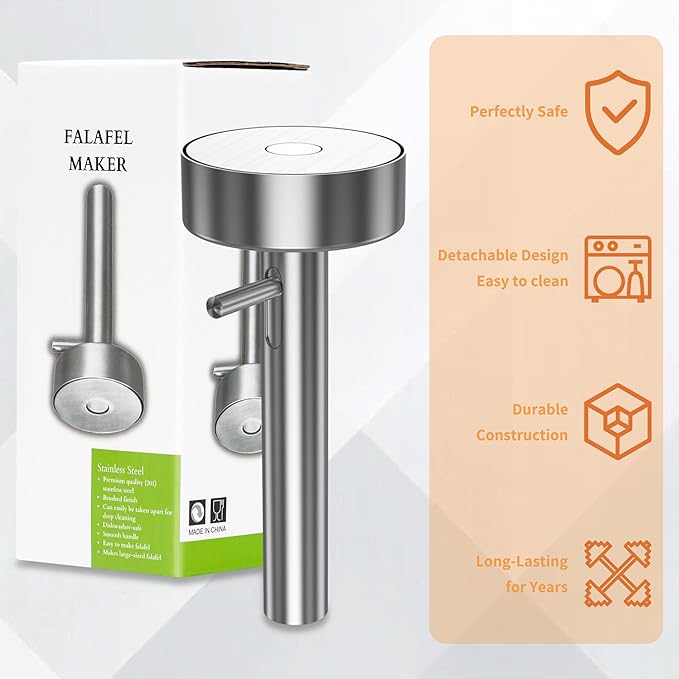 Falafel Scoop With Hole Stainless Steel Professional Falafel Maker Tool Scoop with Spatula Food Safe and Non-Sticky Stainless-Steel Donuts Sharp Syrian Felafel Maker Mold