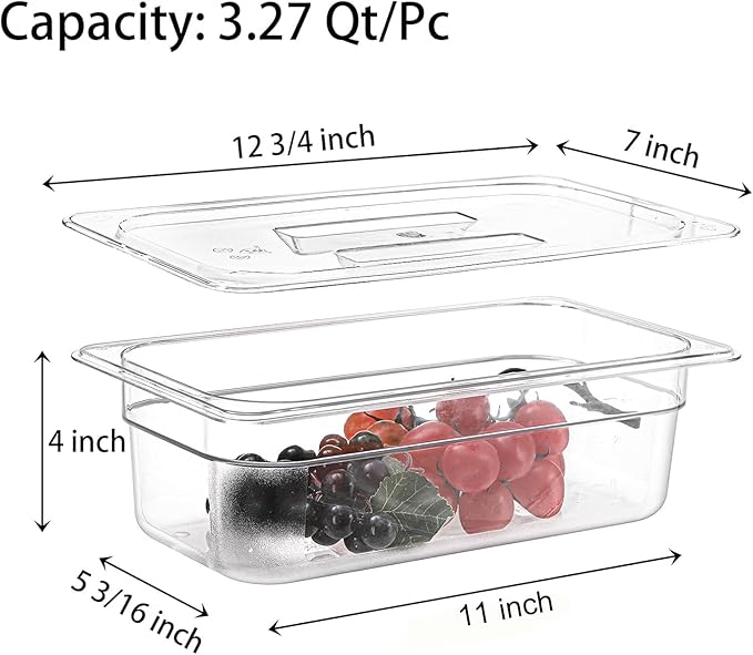 Bekith 6 Pack Plastic Clear Food Pans with Lids 1/3 Size 4 Inch Deep Stackable Commercial Polycarbonate Pans for Kitchen Restaurant Food Prep Freezer-Safe