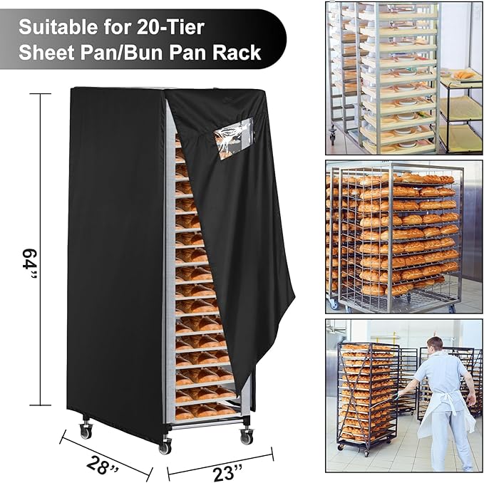 Bread Rack Cover with Zipper20tier Sheet Pan Rack/Bun Pan Rack Cover with Vents 23X28X64 Bakers Rack Cover with Transparent Window Bread Rack Cover for Waterproof and Dustproof Black