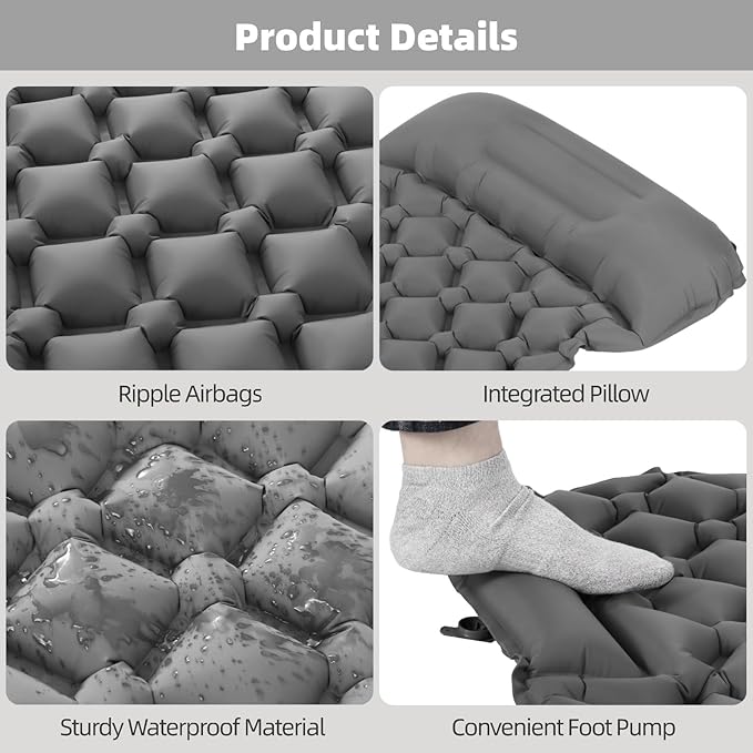 Inflatable Sleeping Pad with Pillow 40D Nylon TPU Ultralight Sleeping Mat with Foot Press for Camping Backpacking Hiking Inflated 74.8 x 22.8 x 2 in