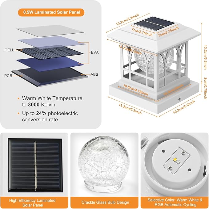 Fence Post Solar Lights Crackle Glass Solar Post Cap Lights 20 Lumens Warm White &amp RGB Automatic Cycling 2 Modes for 3.6x3.6 4x4 4.5x4.5 5x5 Vinyl Wooden Posts Decoration White (2 Pack)