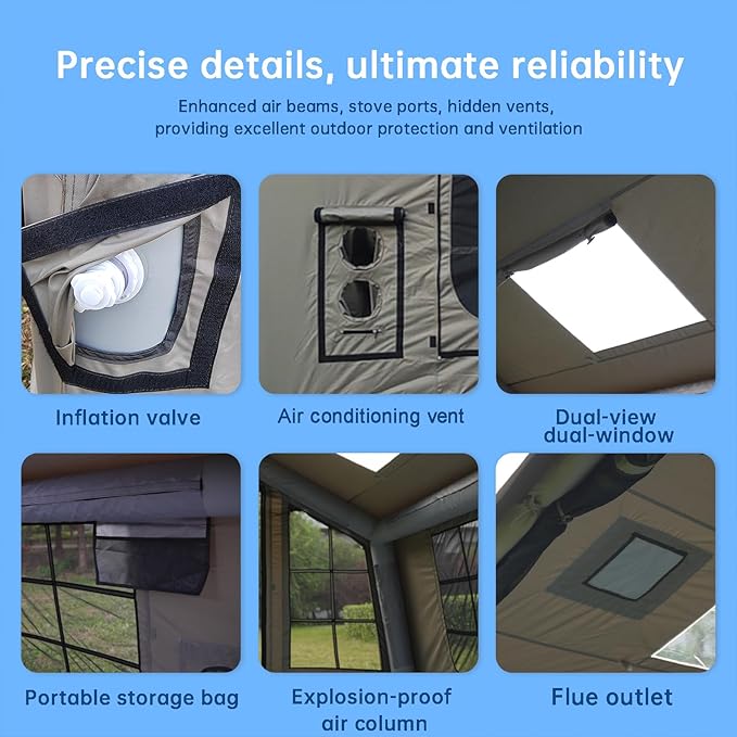 8㎡ Luxury Inflatable Camping Tent for 3-8 People UV-Resistant 4-Season Family Tent with Chimney Port &amp Skylight Oxford Fabric or Tech Cotton – White Tank Gray Aurora Green
