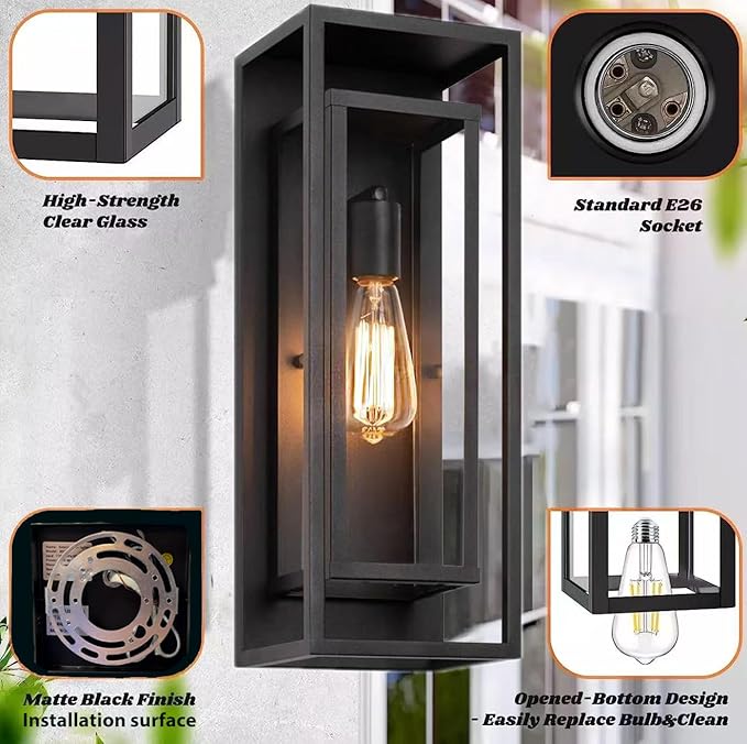 2Pack 18inch Outdoor Wall Light Fixtures Exterior Waterproof Modern Matte Black Wall Lamps with Glass ShadesE26 Sockets Porch Light for Front Door Patio Entryway