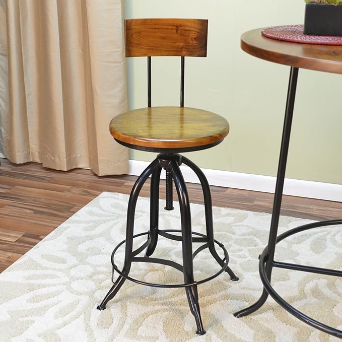 Carolina Chair &amp Table Ryder Adjustable Round Bar Stool - Powder Coated Metal Frame Solid Wood Seat Swivel Stool - Rustic Furniture for Counter Dining Room Kitchen (Chestnut/Black Curved Back)