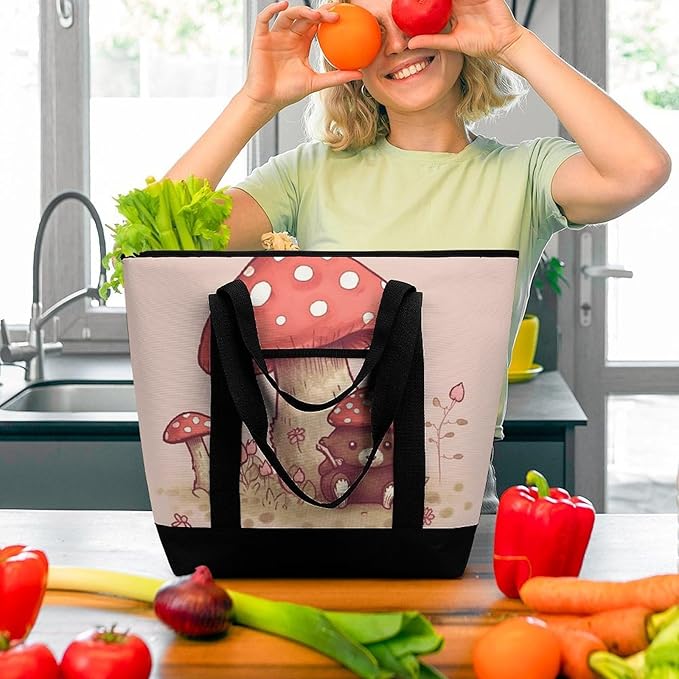 Insulated Shopping BagLarge Reusable Cooler Bags Bear And Mushroom Printed Foldable Shopping BagTravel Waterproof Shoulder Bag