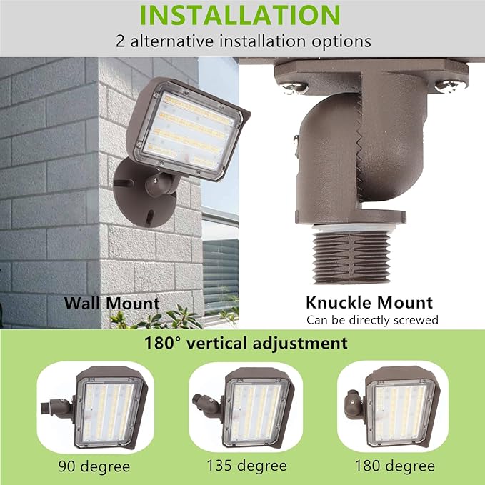 2Pack Dusk to Dawn Outdoor 60W LED Flood Light with Knuckle &amp Plate Mount 3000K/4000K/5000K Color Selectable ETL Commercial LED Security Lighting