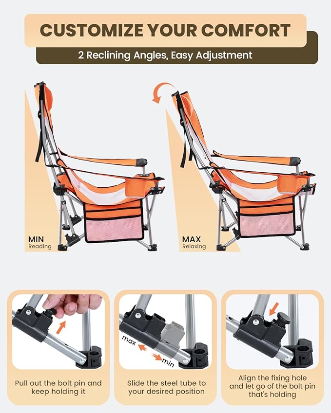 Sportneer Beach Chair: Adjustable Folding Chair with Cup Holder &amp Side Pocket - Portable &amp Compact Beach Chairs for Adults with Reclining Positions for Camping Picnic and Outdoor Orange