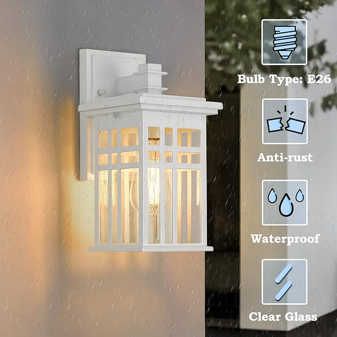 zeyu 2 Pack Outdoor Porch Lights Wall Mount - Modern Outside Lights for House Die-Cast Aluminum with Clear Glass Shade White Finish 20068B1-2PK WH