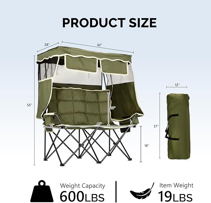 VINGLI Oversize Double Camping Chair with CanopyBeach Chair with Canopy Shade Portable Camping Loveseat with 2 Storage Bags for Outdoor Soccer Sport Events Beach or Camping