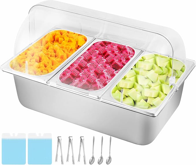 Cold Food Buffet Server 3 Pans×4QT with Ice Packs for Salad Pizza Sauce Colded Serving Trays Condiments Containers for Parties Buffet