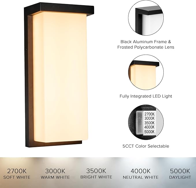Maxxima 14 LED Porch Lantern Outdoor Wall Light Black with Frosted Lens 2500 Lumens 5 CCT 2700K/3000K/3500K/4000K/5000K Modern Exterior Patio Sconce Lantern