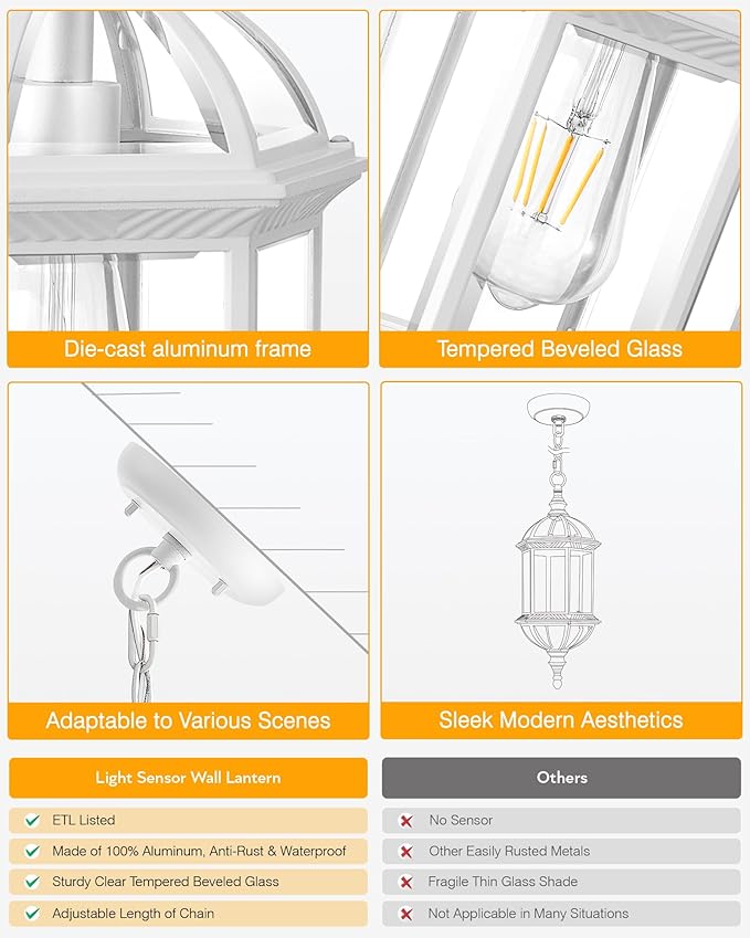VIANIS Outdoor Hanging Lights White Outdoor Pendant Lights with Tempered Beveled Glass 20 Inch 1-Light Adjustable Outdoor Chandelier for Entryway Gazebo Waterproof and Anti-Rust 100% Aluminum