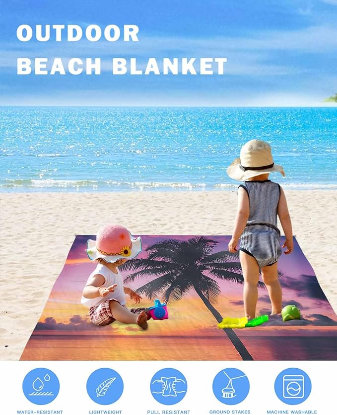 Beach Blanket Waterproof Sandproof Oversized Beach Sunset Coconut Tree Beach Mat with Corner Stakes Sand Pockets Summer Ocean Scenery Outdoor Picnic Mat for Travel Camping Hiking 108x84In
