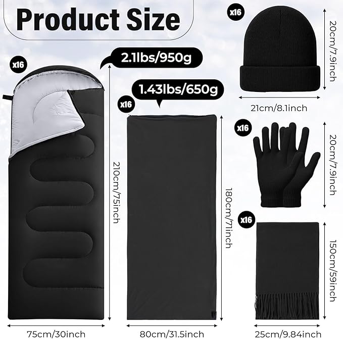 80 Pcs Homeless Care Package Sleeping Bags Adult Bulk with Winter Beanies Hat Gloves Scarf Cotton Liner Waterproof Sleeping Bag for Camping Outdoor Church Donation Emergency