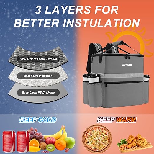 Insulated Food Delivery Backpack with Cup Holder - Perfect for Uber Eats Doordash &amp Postmates. Leakproof and Reflective Gray Bag for Hot/Cold Food Delivery on Bike.