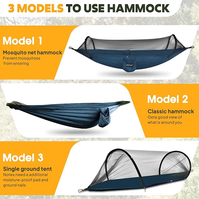 Chihee Ultra-Light Travel Camping Hammock Pop-up Net Hammock 660lbs Load CapacityBreathableQuick-Drying Parachute Nylon 2 Premium Carabiners2 Tree Slings Included for Outdoor Backpacking Hiking