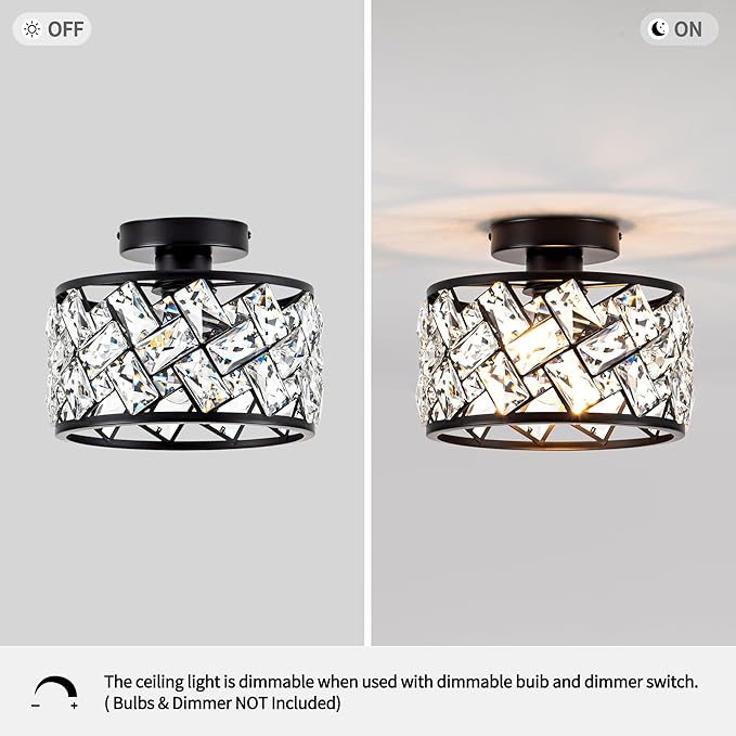Crystal Ceiling Light Fixture Modern Semi Flush Mount Ceiling LightCrystal Chandelier for Kitchen Bedroom Bathroom Entryway Black Finish
