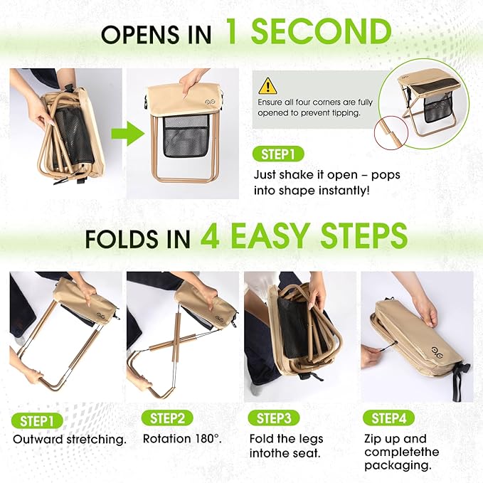 Camping Stool Upgraded FoldableStool Aluminum Alloy Bracket Portable outdoorfolding Chair with Pocket for Queuing FishingHiking Tours BBQ Parties Outdoor Camping Accessories(Khaki)