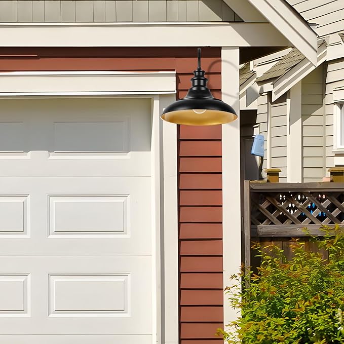 Dusk to Dawn Sensor Outdoor Barn Light Fixture 16 Inch Dome Farmhouse Outdoor Wall Sconce Exterior Wall Mount Light Industrial Black Gold Wall Lantern for Porch Garage Shed1 Pack