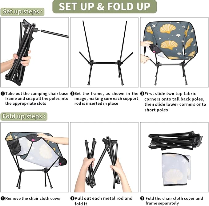 Honeybaby Folding Camping Chair Shells Stars Camping Chairs Lightweight Portable Chair Outdoor Foldable Chairs for Camping Travel Picnic Beach Hiking