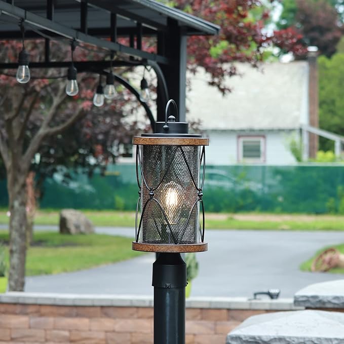 Inlight 17’’ High Farmhouse 1-Light Outdoor Post Mount LightClear Seeded Glass Shade and Meshed Metal Matte Black and Barnwood Finish Hardwired Lantern Head Bulb Not Included IN-0645-1-BK