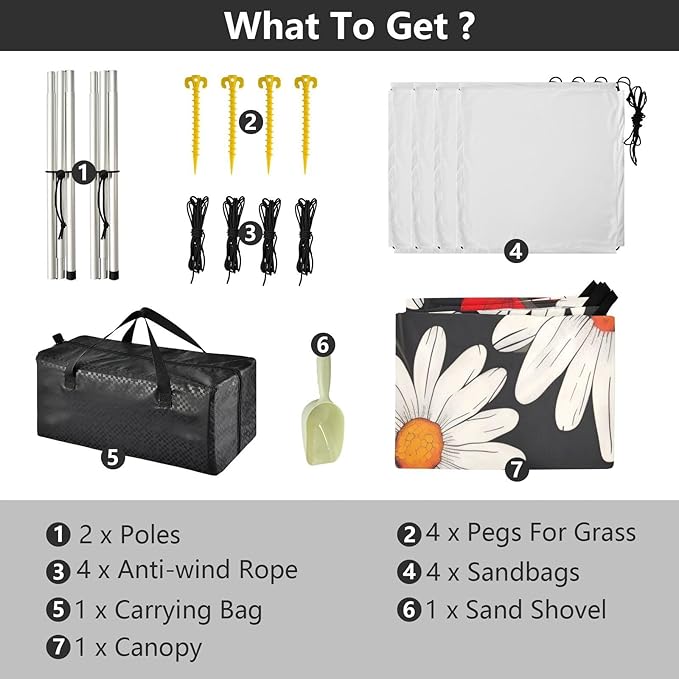 Daisy Flower Pattern Beach Tent Sun Shelter 9.2' x 10.5' Beach Canopy with 4 Sandbags 4 Stability Poles Sand Shovels - Tent Canopy for Beach Camping Fishing Picnics