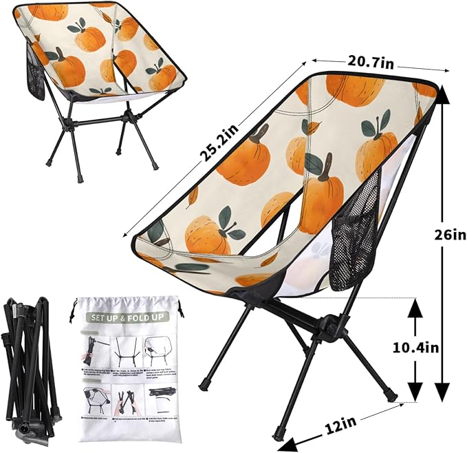 Honeybaby Folding Camping Chair Cute Pumpkin Print Camping Chairs Lightweight Portable Chair Outdoor Foldable Chairs for Camping Travel Picnic Beach Hiking