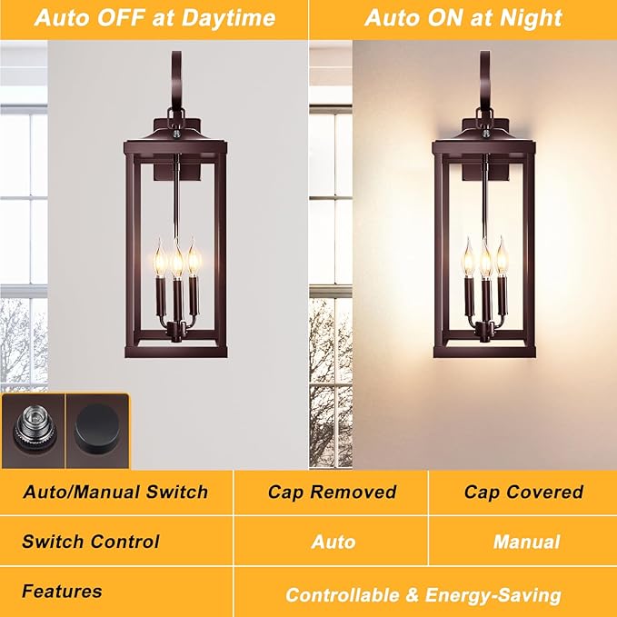 24 Extra Large Dusk to Dawn Outdoor Wall Light Oil Rubbed Bronze 3-Light Waterproof Exterior Wall Mount Porch Lantern Modern Outside Wall Sconce Coach Light Brown E12 1-Pack