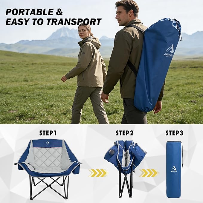 Oversized XL Camping Chair for Adults Heavy Duty | 450LBS Support Padded Folding Lawn Chairs with Side Pocket Cup Holder Cooling Bag for Outdoor Sports Garden Beach Fishing