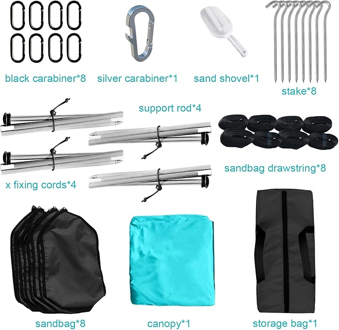 Beach Shade Windproof Design Sun Shelter UPF50+ Portable Family Canopy Tent with 8 Sandbag Anchors 10x10 FT 4 Poles Pop Up Outdoor Shelter for Beach Camping Fishing Backyard and Picnics
