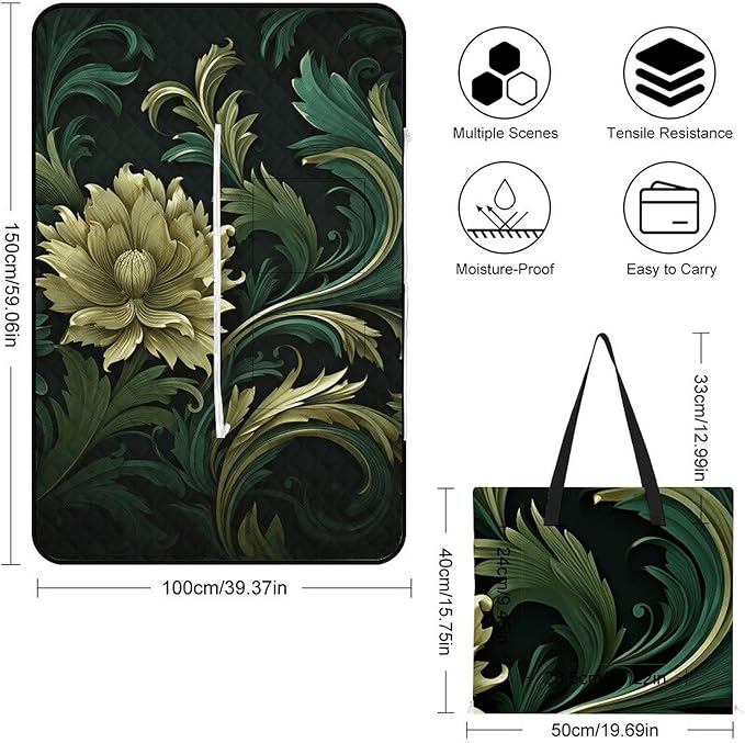 Zipper Dark Green and Green Style Style Picnic Mat Suitable for Travel Camping Park Or Home Use