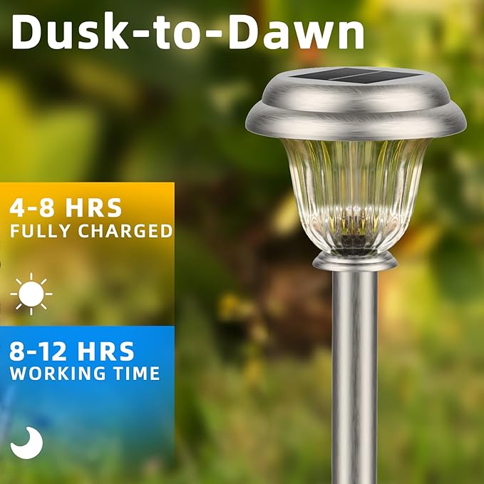 DERAYSION Solar Lights Outdoor Waterproof Brushed Stainless Steel Glass Solar Pathway Lights Auto On/Off Long-Lasting Outdoor Solar Lights for Garden Landscape Path Yard 6 Pack