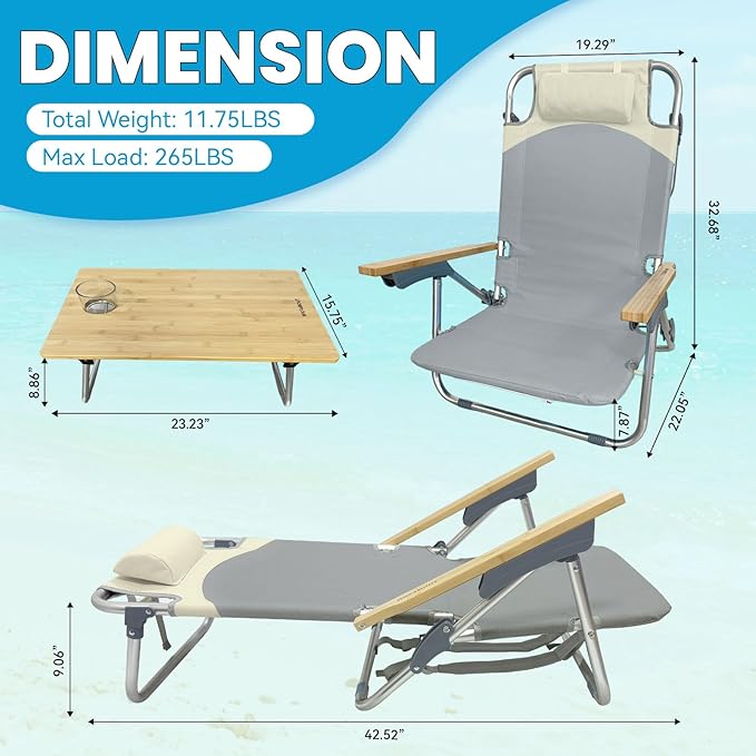 2 Pack Low Backpack Beach Chair with Folding Bamboo Table for Adults 5-Position Lay Flat Reclining Chair Lightweight with Cooler Bag Supports 265 lbs