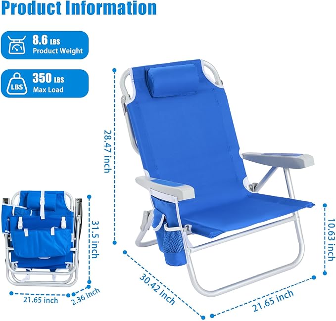 SUNNYFEEL Beach Chairs for Adults 2 Pack 5 Position Lay Flat Portable Folding Backpack Beach Chair Heavy Duty with Cooler Bag Cup Holder for Outdoor/Lawn/Picnic Foldable Camping Chair