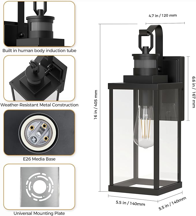 DORESshop Large Size Motion Sensor Outdoor Wall Lights 16 Inch Matte Black Waterproof Anti-Rust Outdoor Light Fixtures Wall Mount with Clear Glass Shade for Porch Garage ETL Listed 2 Pack