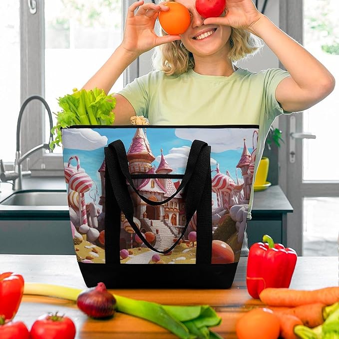 Insulated Shopping BagLarge Reusable Cooler Bags Candy Land Printed Foldable Shopping BagTravel Waterproof Shoulder Bag